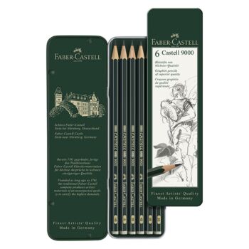 CRAYON GRAPHITE CASTELL 9000 BOITE METALLIQUE DE 6 PIECES "FABER CASTELL" REF: 119063