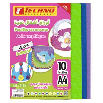 FEUILLES EN MOUSSE ADHESIVES HOLOGRAPHIQUES A4 PAQUET 10 COULEURS "TECHNO" REF: 5186