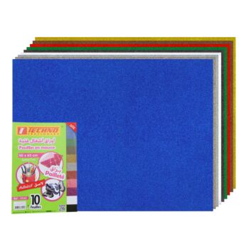 PAPIER MOUSSE ADHESIF PAILLETE 50x65CM 2MM PAQUET 10 COUEURS "TECHNO" REF: 5545